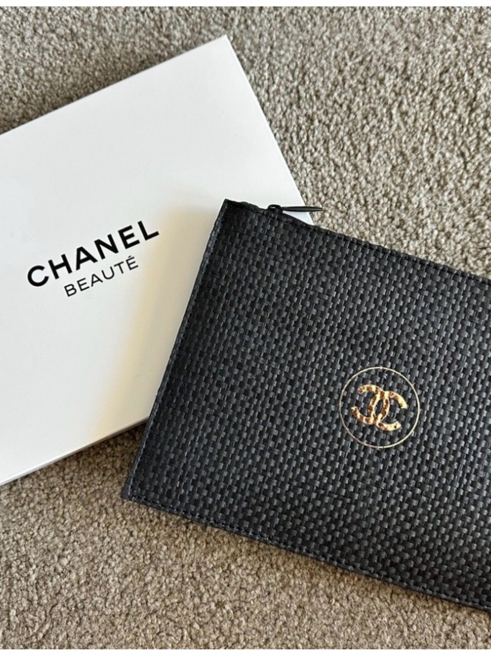 CHANEL Black Woven Zip Cosmetic Pouch with CC logo